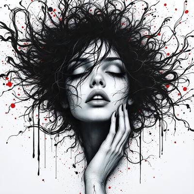 The primary subject of the image is a woman with long, dark hair. She is wearing lipstick and has her hand on her face. The setting is a black and white background, which adds a dramatic and artistic touch to the scene. The visual style is a combination of digital art and illustration, creating a striking and unique portrait. The colors and mood of the image are predominantly dark and moody, with the woman's hair and the background being the main focus of the image.